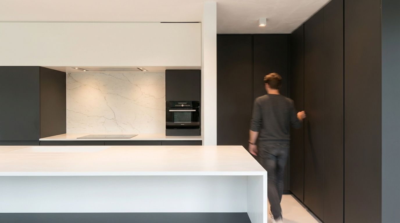 Lukas' minimalistische Inselküche in Welzheim – Architektonischer Monochrom-Kontrast