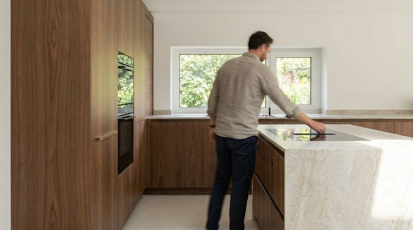 Thomas' warme Nussbaum-Inselküche in Süßen – Luxus-Restyle mit Quarzit