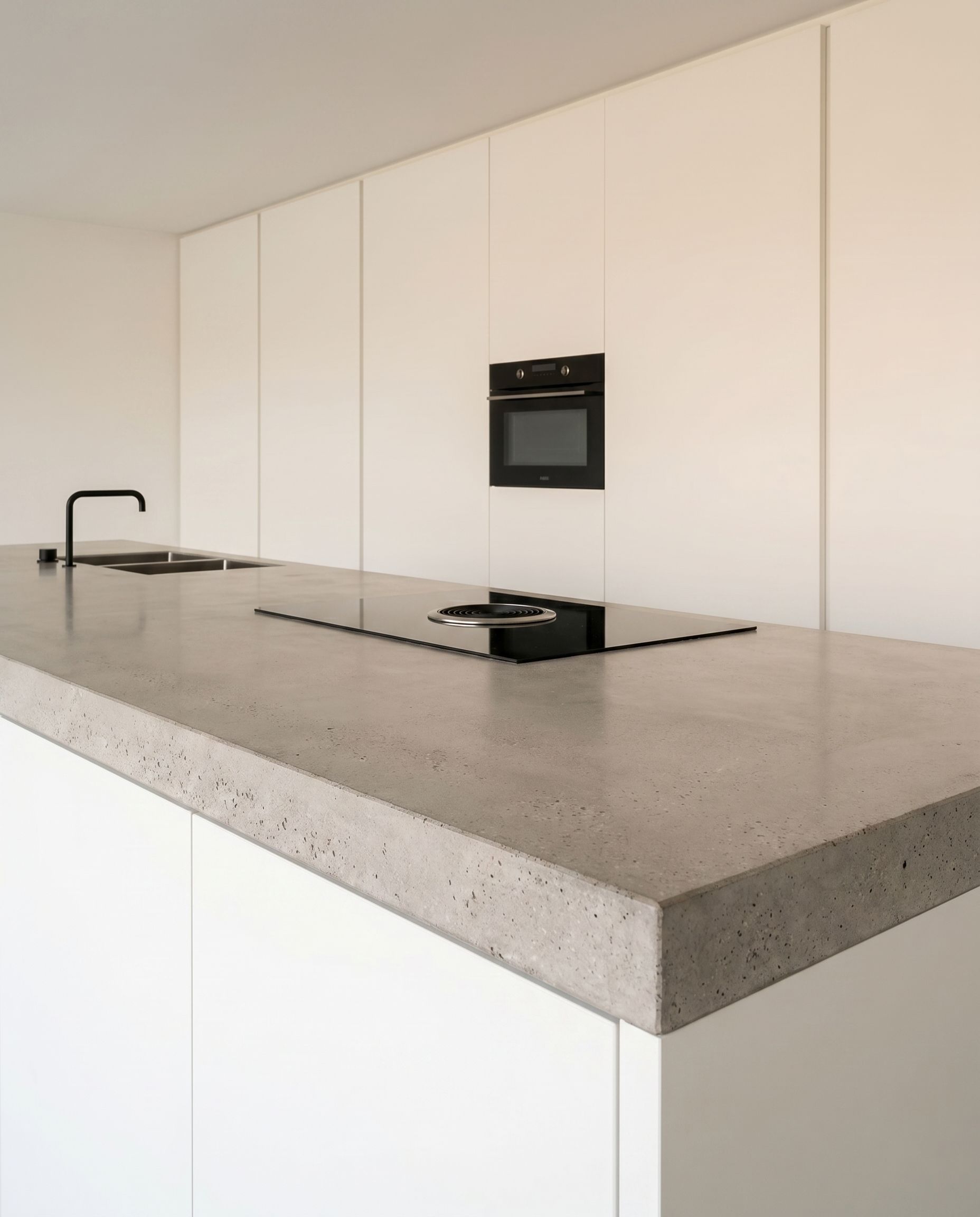 Geöffneter Hochschrank mit Innenauszügen in einer minimalistischen Küche in Backnang.