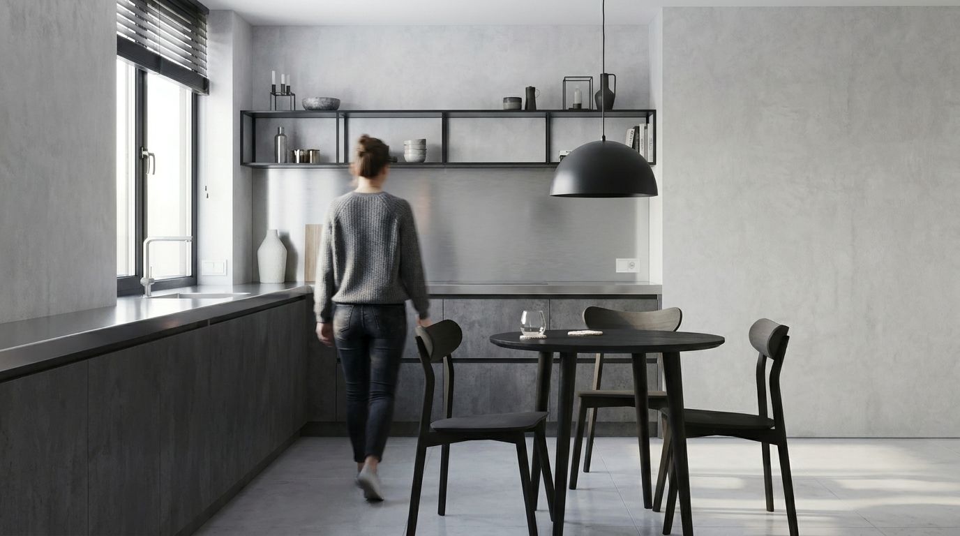 Anjas Industrial-Loft L-Küche in Backnang – Rohe Texturen aus Beton und Edelstahl