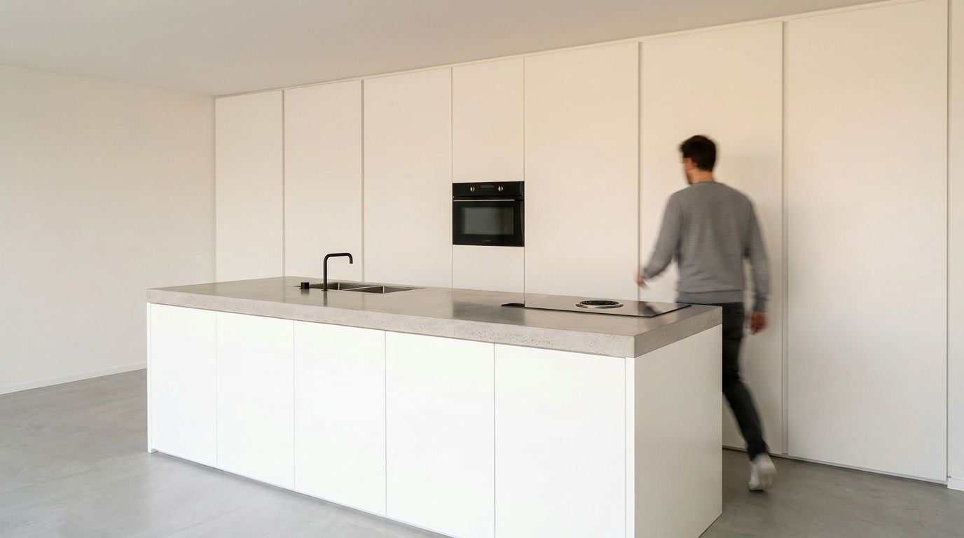 Thomas' puristische Inselküche in Backnang – Monolithischer Beton und matte Lackfronten