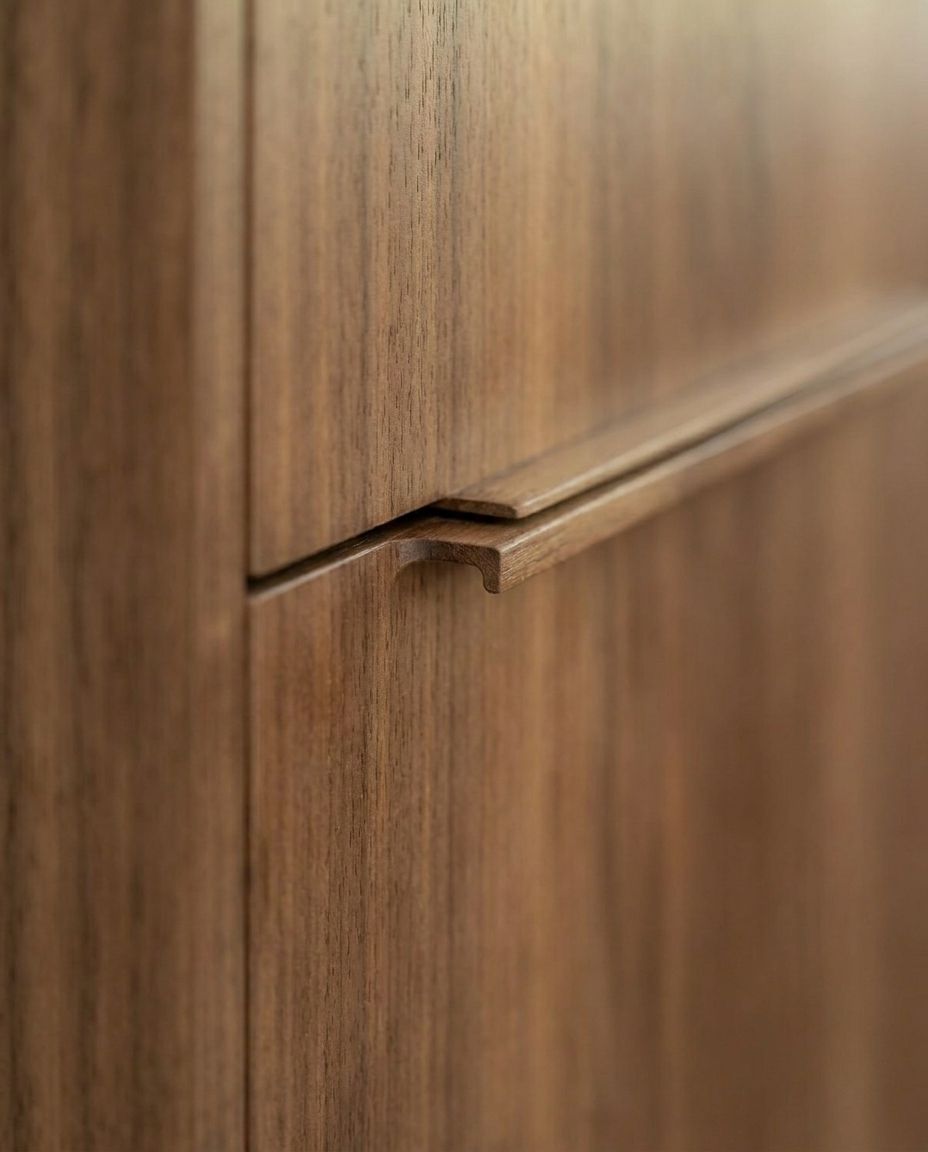 Detailaufnahme der grifflosen Fronten aus Nussbaumfurnier mit vertikaler Maserung