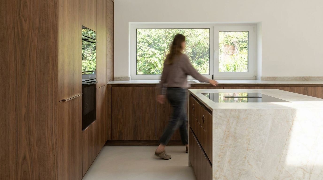 Katharinas warme Nussbaum-Inselküche in Heidenheim – Luxus-Restyle mit Quarzit