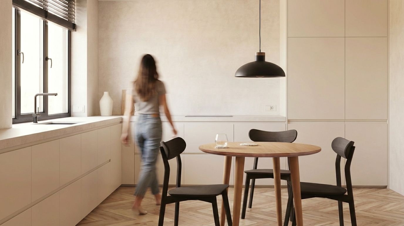 Helenes cremefarbene L-Küche in Schwäbisch Gmünd – Ruhiger Minimalismus trifft auf Kalkstein